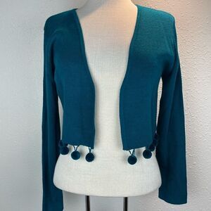 Vintage Saint Tropez West Womens Turquoise Cropped Cardigan Sweater w/ Pom Poms